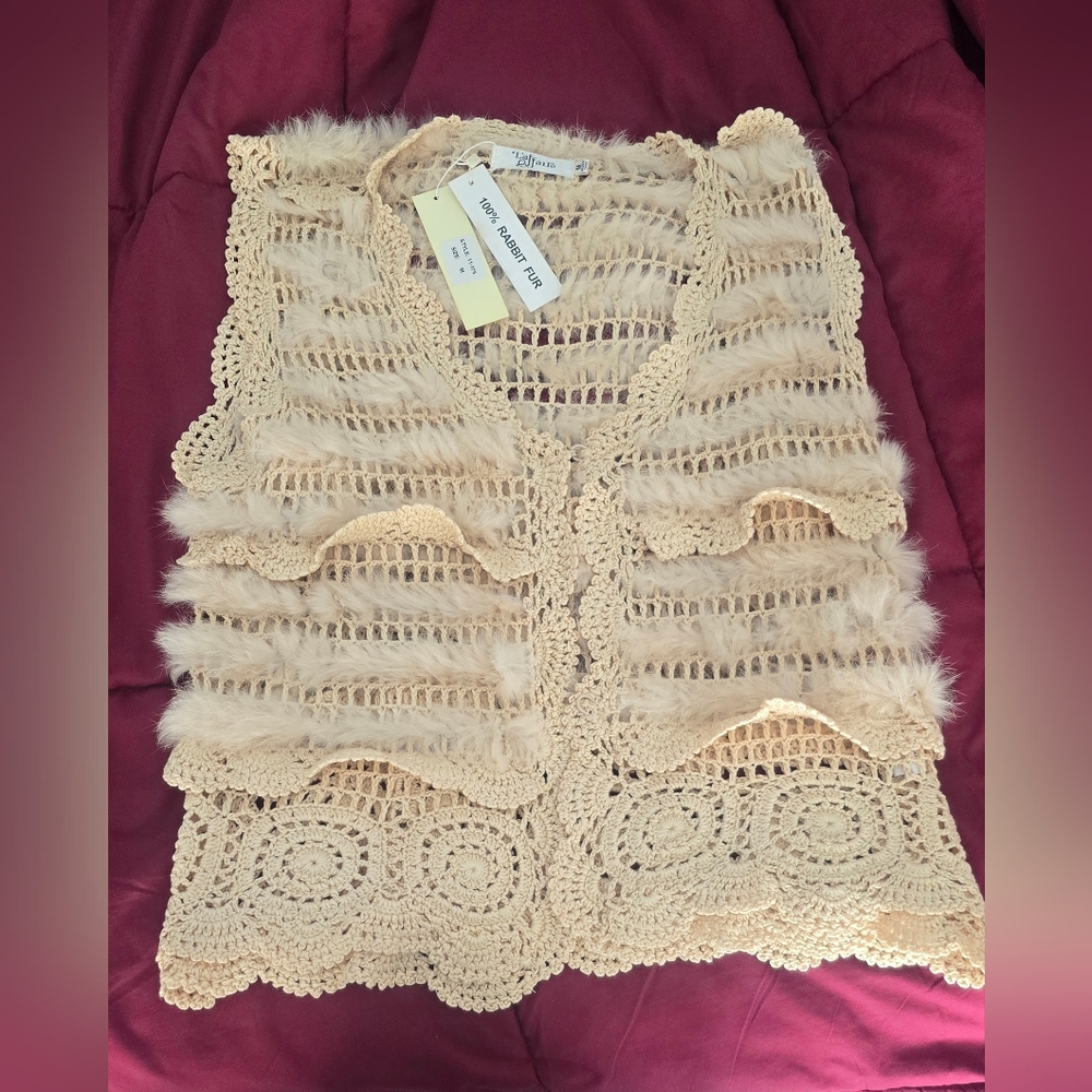 L'affaire Designer Handmade  Crochet Lace Rabbit Fur Vest, Size: S
